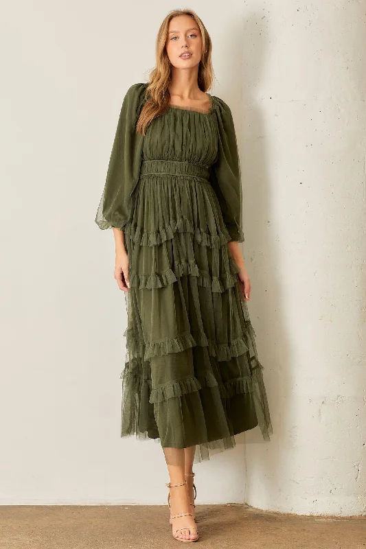 Polagram Long Sleeve Tulle Maxi Dress in Dark Olive Best maxi dresses for casual wear