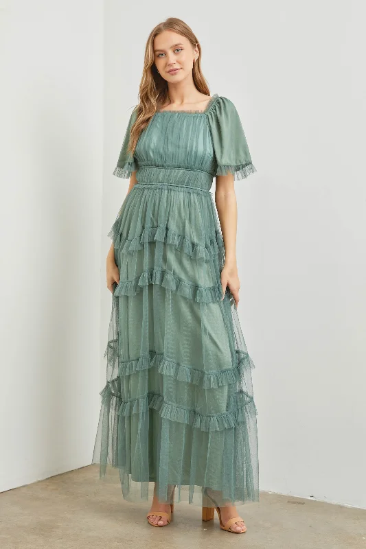 Polgram Tulle Maxi Dress in Dusty Teal Corset maxi dresses