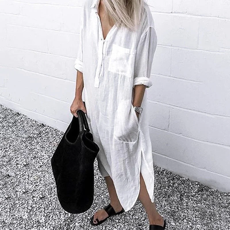 Solid Long Sleeve Side Split Long Dress Must-have maxi dresses for this season