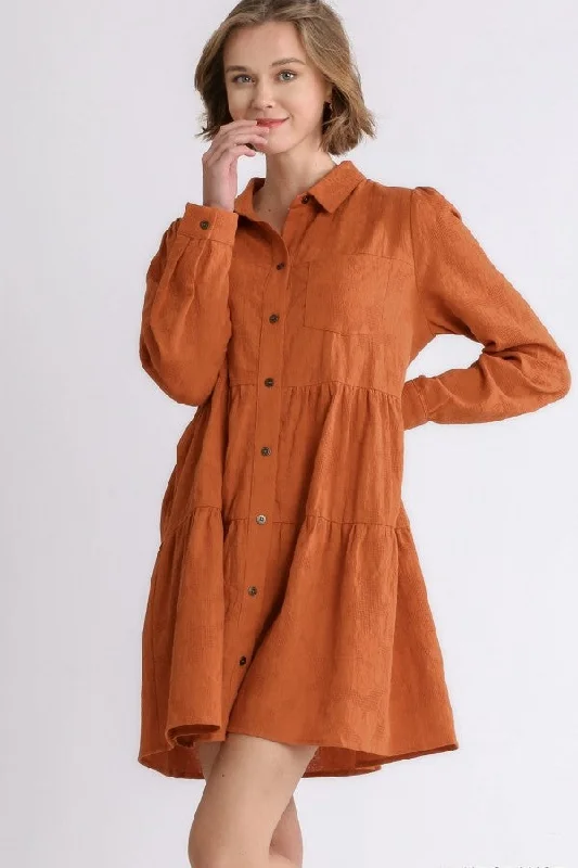 Umgee Textured Long Sleeve Dress in Burnt Orange- FINAL SALE Lightweight maxi dresses for hot weather