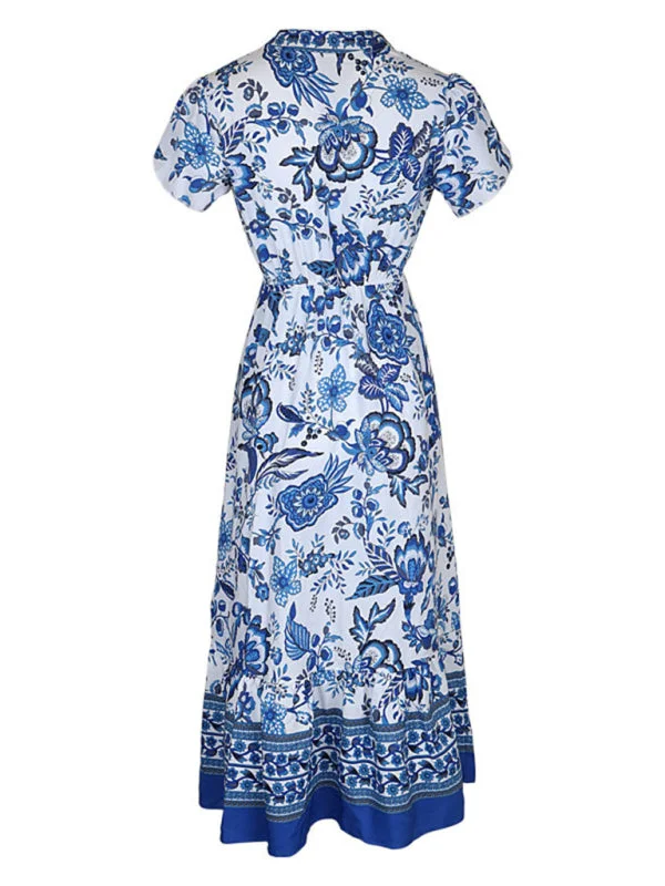 Blue Zone Planet |  Blue Printed Slim Dress Silk floral dresses