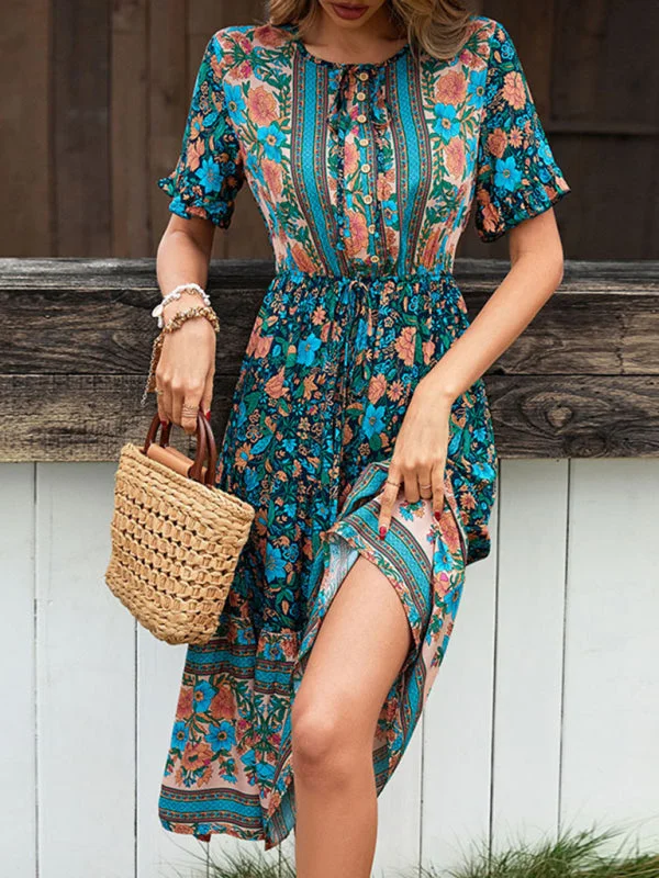 Blue Zone Planet |  Bohemian Print Button Tie Knee-Length Dress Linen floral dresses