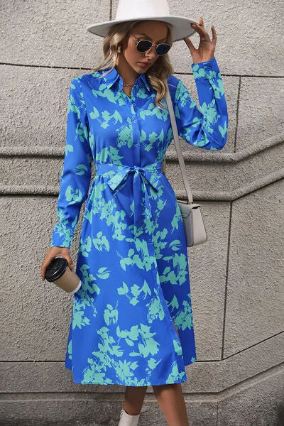 Blue Zone Planet |  Printed Button Up Tie Waist Dress Elegant floral dresses