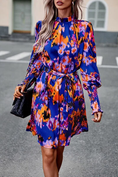 Blue Zone Planet |  Printed Tie Waist Mock Neck Lantern Sleeve Dress Lace floral dresses