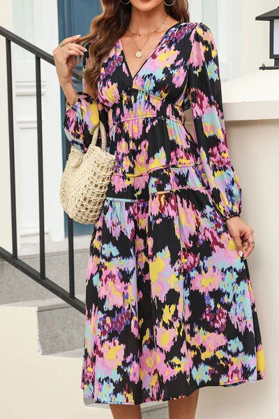 Blue Zone Planet |  Printed V-Neck Balloon Sleeve Dress Chic floral dresses