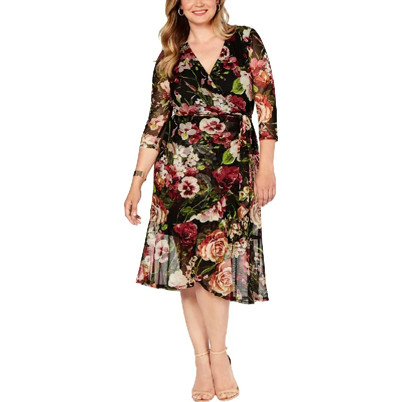 Connected Apparel Womens Plus Mesh Floral Print Wrap Dress Brunch floral dresses