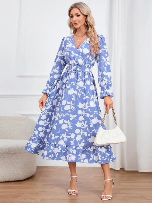 Floral Surplice Flounce Sleeve Ruffle Hem Dress High-end floral dresses