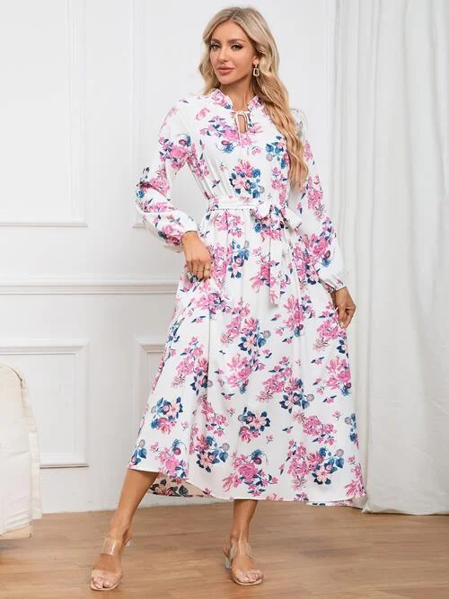 Floral Tie Front Balloon Sleeve Dress Designer floral dresses