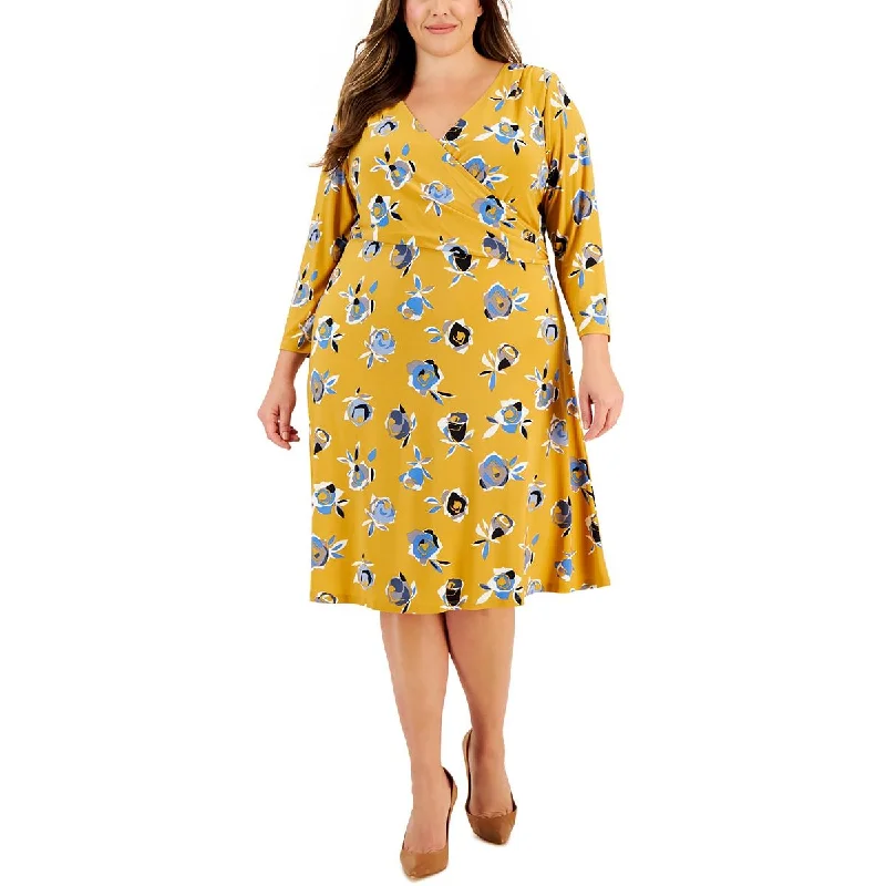 Kasper Womens Plus Floral Print  Fit & Flare Dress Comfortable floral dresses for everyday wear