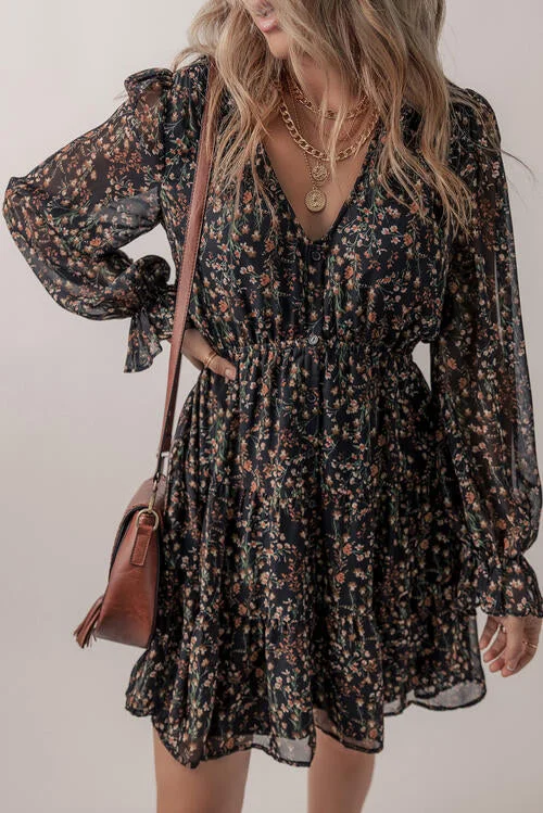 Blue Zone Planet |  Printed Buttoned V-Neck Flounce Sleeve Dress Floral dresses under $100