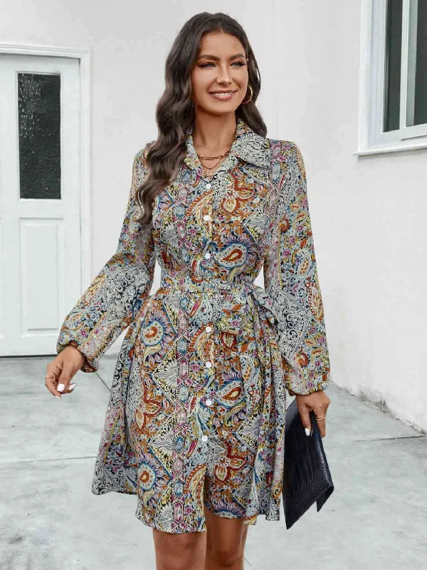 Printed Collared Neck Long Sleeve Dress Versatile floral dresses for all occasions