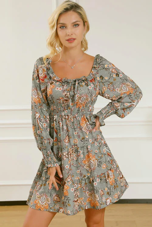 Printed Smocked Lantern Sleeve Tiered Dress Floral dresses under $50