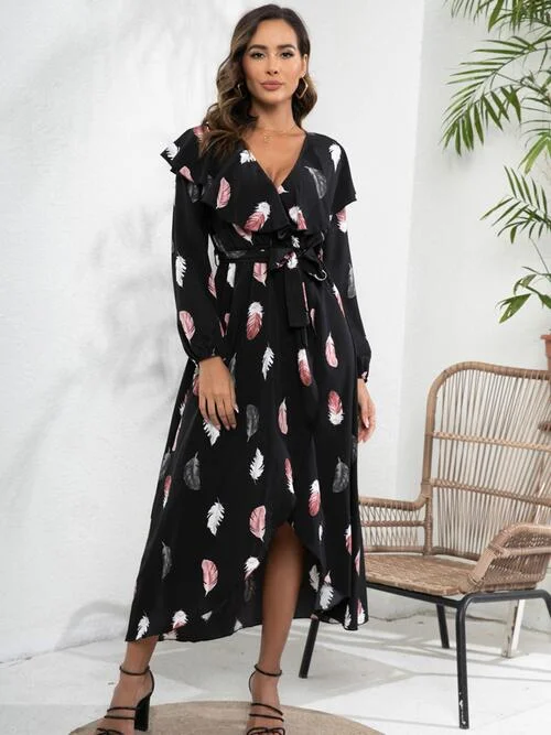 Printed Tie Front Ruffle Trim Long Sleeve Dress Outdoor floral dresses