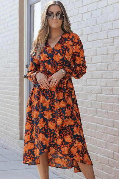 Printed Tie Front Smocked Long Sleeve Dress Bodycon floral dresses