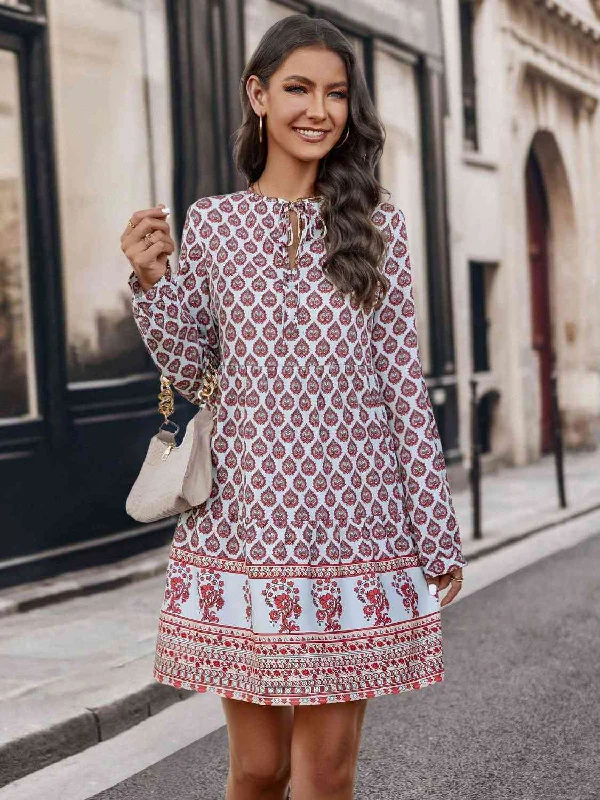 Printed Tie Neck Long Sleeve Dress Best floral dresses for curvy figures