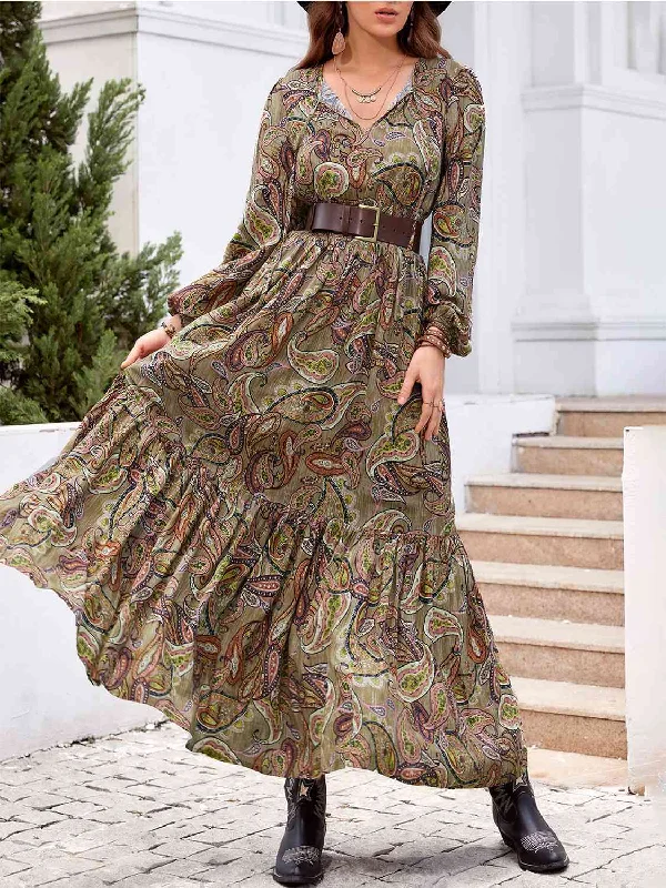 Printed Tie Neck Ruffle Hem Long Sleeve Dress Best floral dresses for casual outings