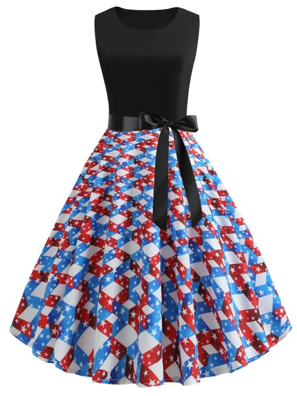 1950s American Flag Stars Belted Dress Y2K unclassified dresses