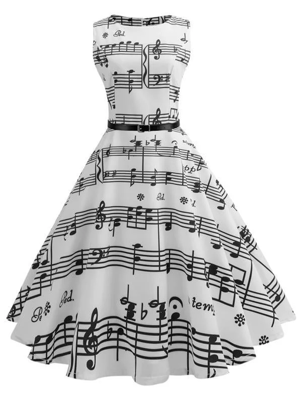 White 1950s Music Note Swing Dress Beaded unclassified dresses