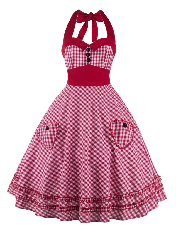 1950s Plaid Pocket Halter Swing Dress Flowy unclassified dresses