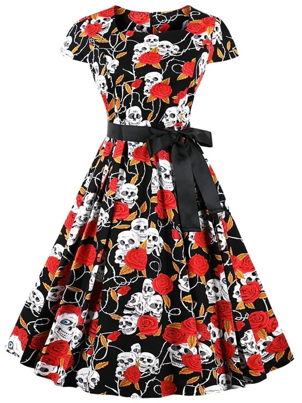 1950s Skull Rose Belted Swing Dress Printed unclassified dresses