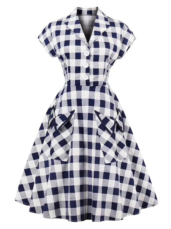 Blue White 1950s Pockets Plaid Dress Short unclassified dresses