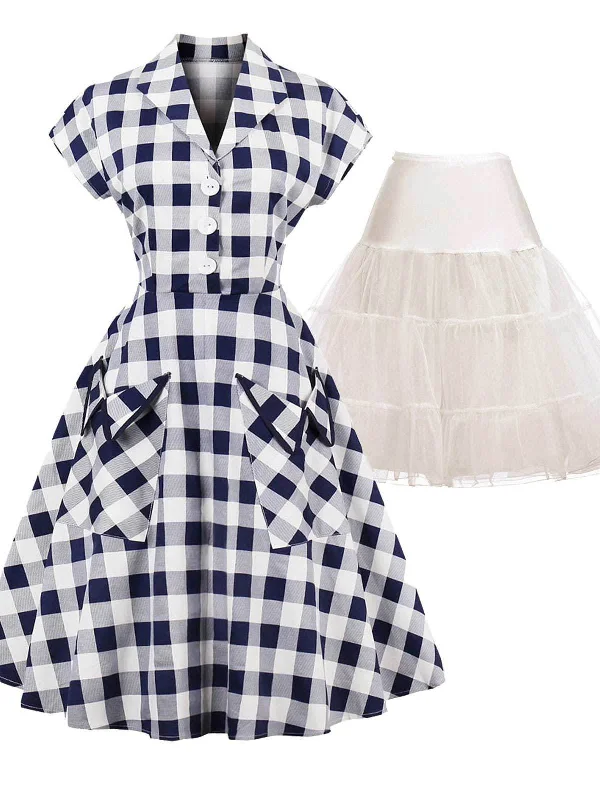 2PCS Top Seller 1950s Pockets Plaid Dress & White Petticoat One-shoulder unclassified dresses