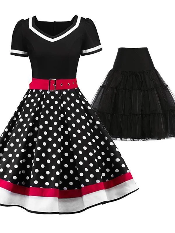 2PCS Top Seller 1950s Polka Dot  Dress & Black Petticoat Ruched unclassified dresses