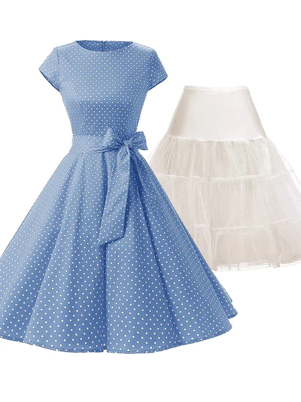 2PCS Top Seller Blue Polka Dot 1950s Dress & White Petticoat Monochrome unclassified dresses