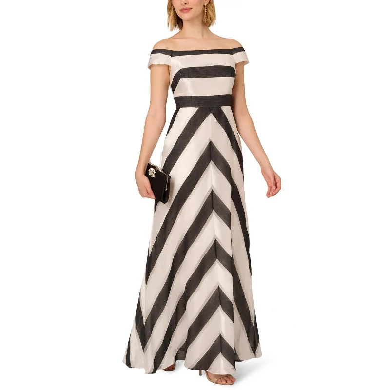 Adrianna Papell Womens Striped Off-The-Shoulder Evening Dress Earthy tone unclassified dresses