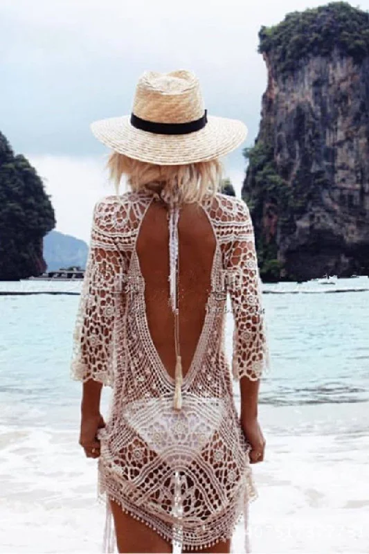 Backless Hollow out Crochet Beach Bikini Cover Up Dress Bodycon unclassified dresses