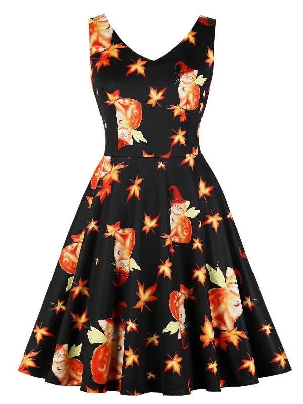 Black 1950s Cat Leaf Swing Dress Club unclassified dresses