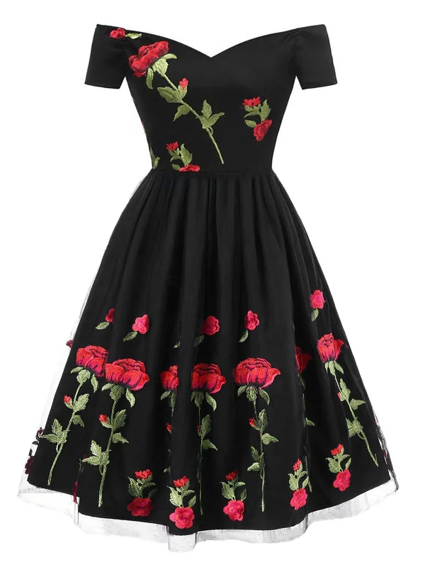 1950s Rose Embroidery Dress Street style unclassified dresses