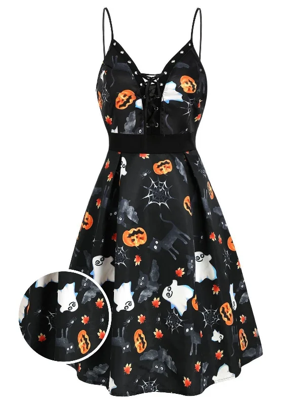 Black 1950s Halloween Pumpkin Dress Polka dot unclassified dresses