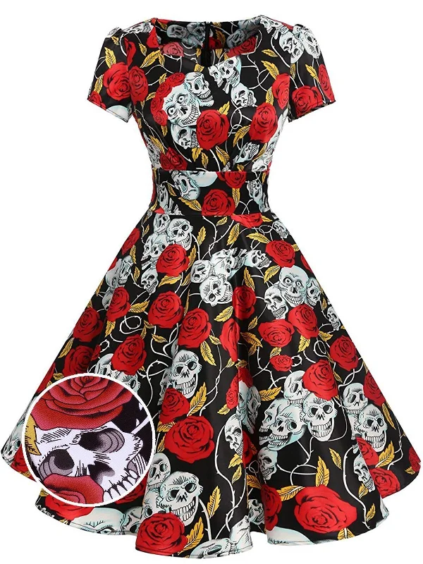 Black 1950s Halloween Rose Skull Dress Knitted unclassified dresses