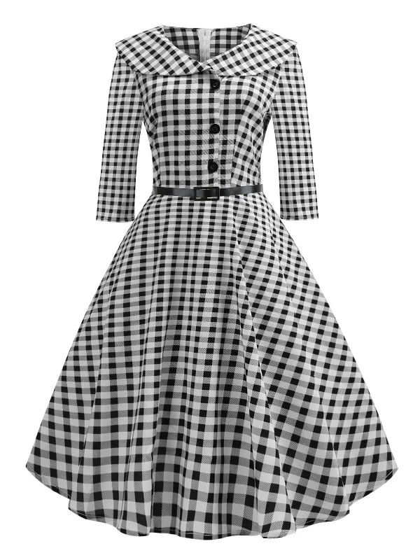 Black 1950s Plaid Turn-down Collar Dress Earthy tone unclassified dresses