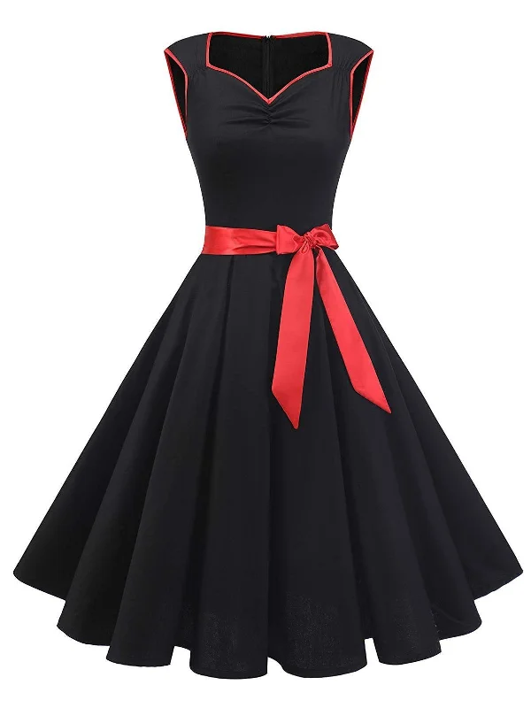 Black 1950s Sweetheart Bow Swing Dress Travel unclassified dresses