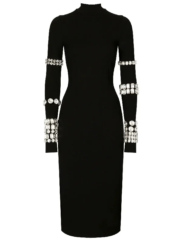 Black Calf-Length Stretchy Dress with Rhinestones Flowy unclassified dresses