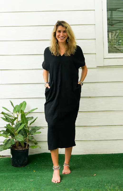 Black Double Gauzed Muslin Cotton Dress with Pockets Trendy new unclassified dresses