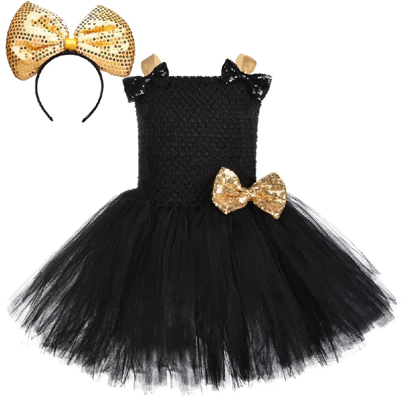 Black Gold Lol Surprise Dress for Girls Halloween Costumes Kids Girl Birthday Tutu Dresses with Golden Big Bow Headband Clothes Chiffon unclassified dresses