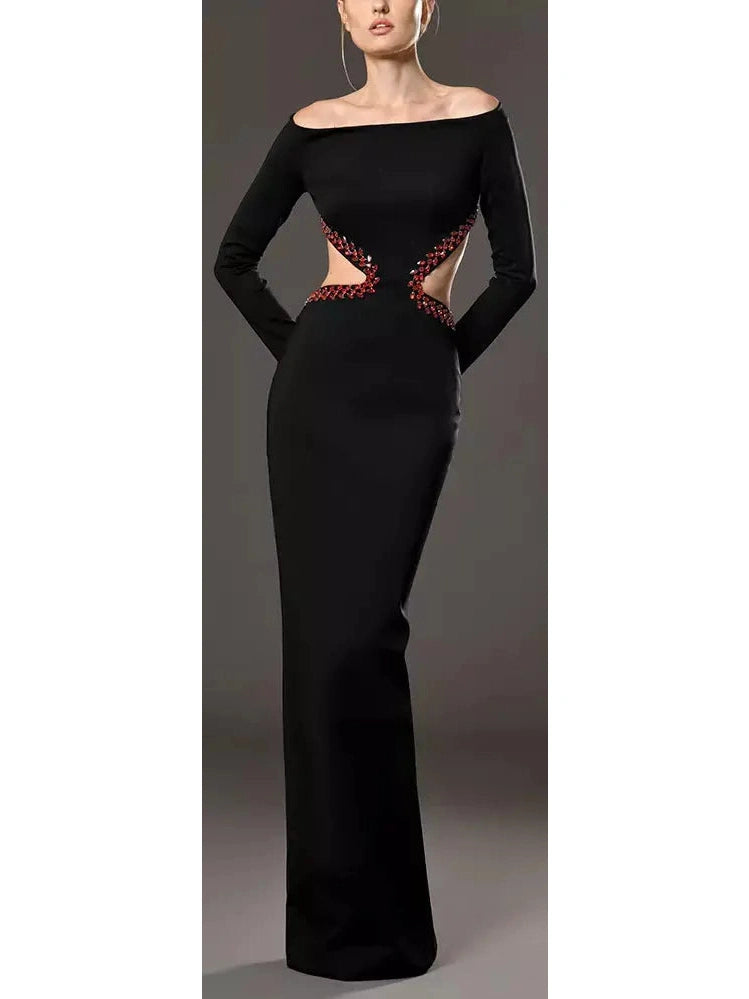 Black Jersey Dress Featuring Red Crystal Embroidery on the Waist Cut-Out and Back High-low unclassified dresses