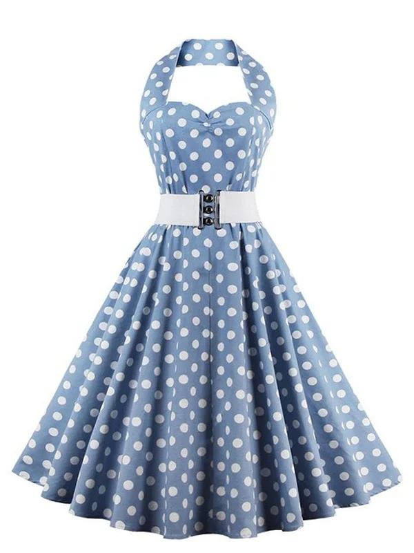 Blue 1950s Polka Dot Halter Belted Dress Sexy unclassified dresses