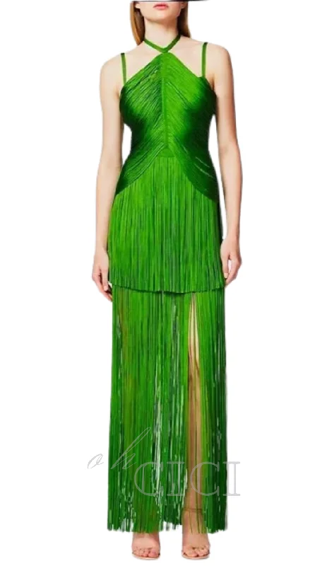 BRIANNA HALTER NECK FRINGE TASSEL DRESS IN GREEN Mesh unclassified dresses