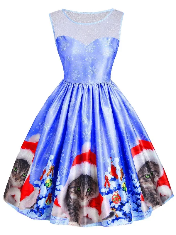 Blue 1950s Christmas Cat Dress Corset unclassified dresses