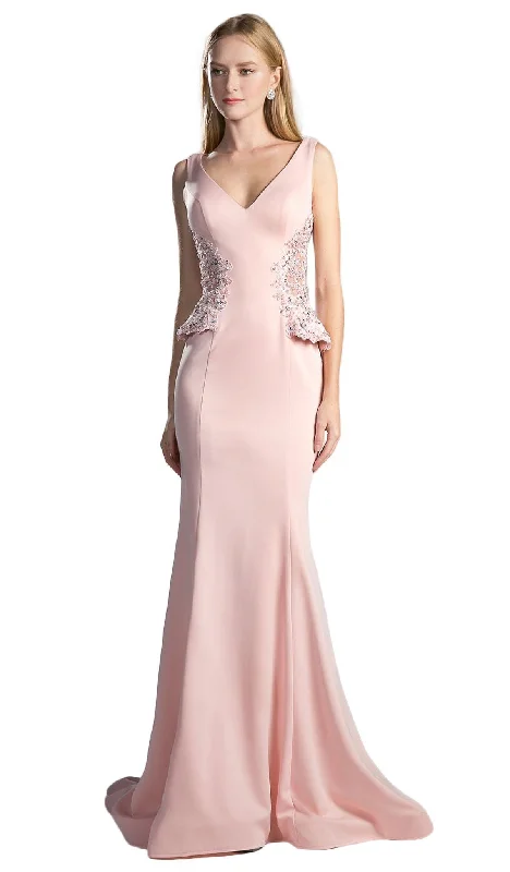 Cinderella Divine - V Neck Peplum Crepe Gown Unique unclassified dresses