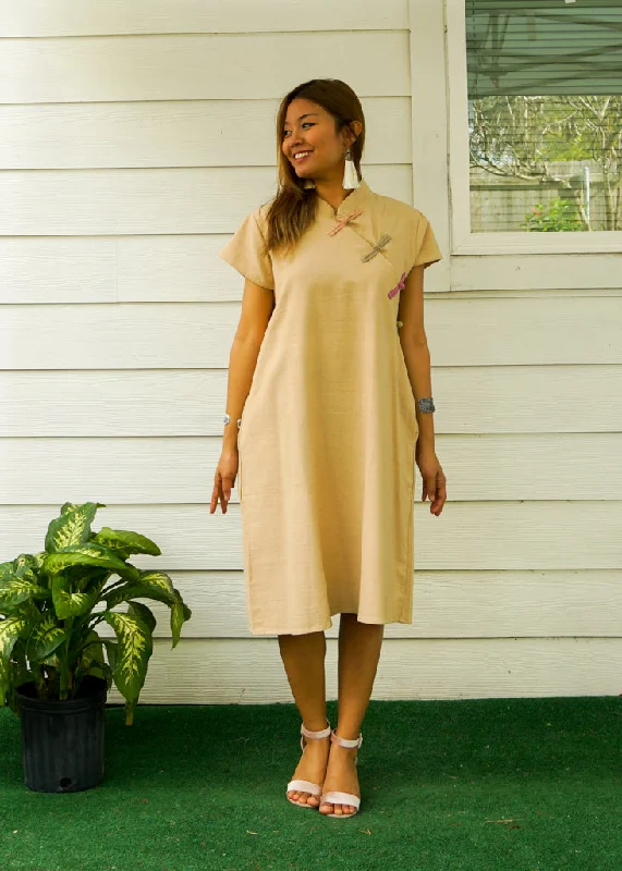 Light Brown Organic Cotton Dress with Pockets Chiffon unclassified dresses