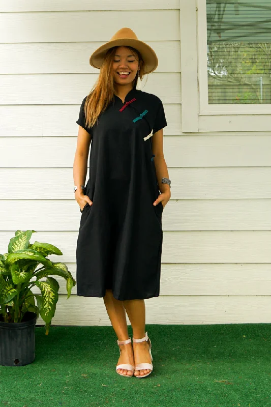 Black Organic Cotton Dress with Pockets Satin unclassified dresses