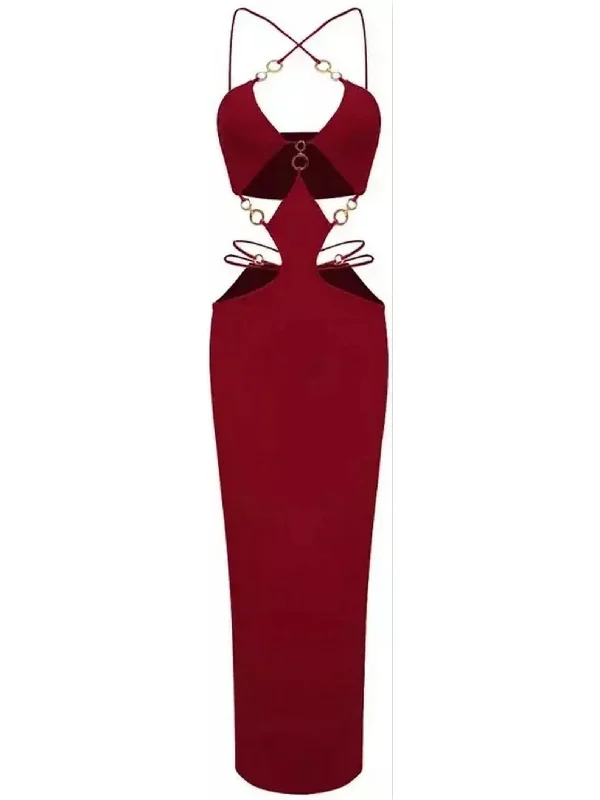 Cut-Out Gold Ring Detailed Dress, Wine Sexy unclassified dresses