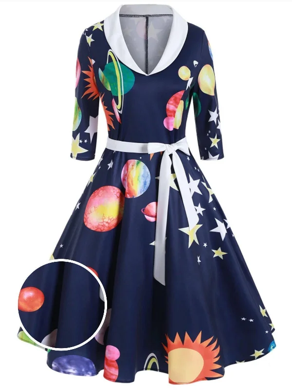 Dark Blue 1950s Moon Star Swing Dress Graduation unclassified dresses