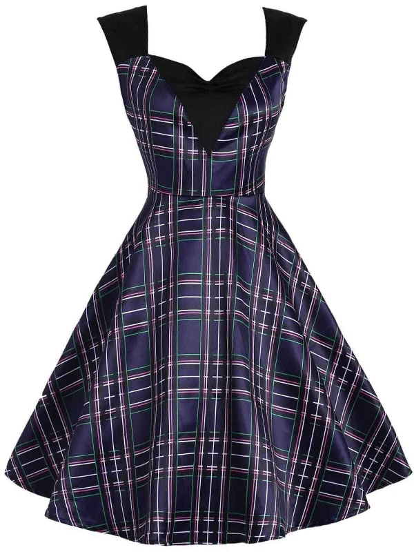 Dark Blue 1950s Plaid Patchwork Dress Best-selling unclassified dresses