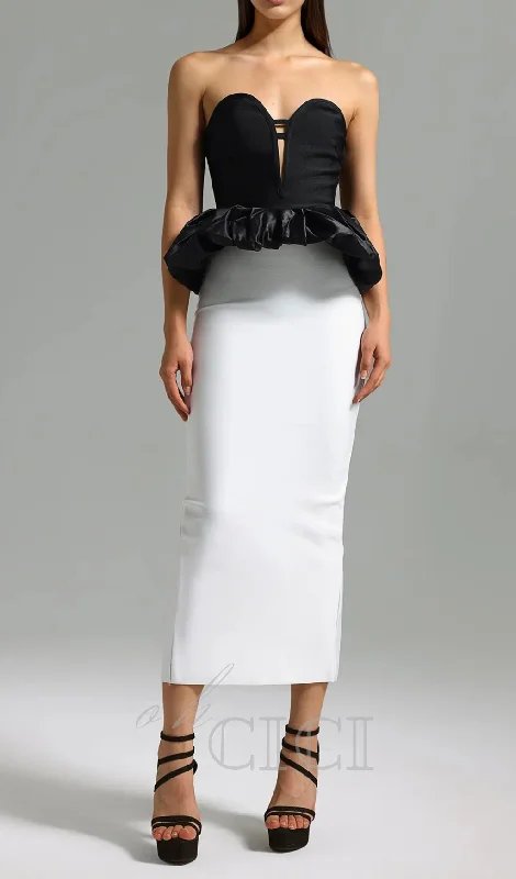 DEBORAH BLACK WHITE STRAPLESS RUFFLE BANDAGE DRESS Winter unclassified dresses